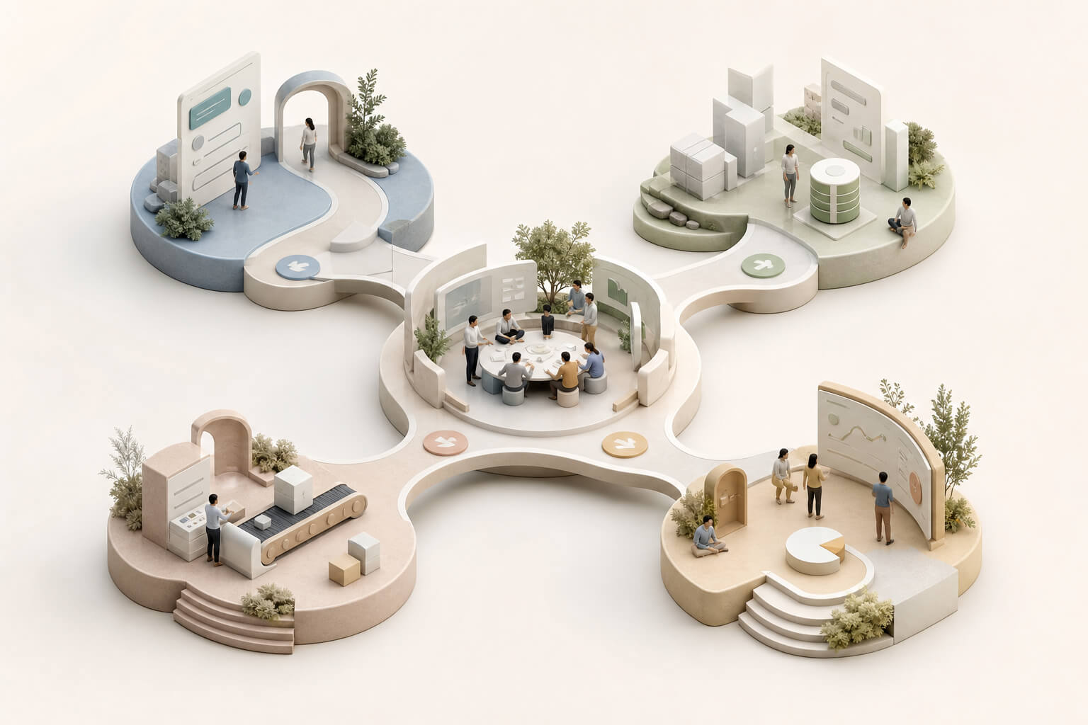 Several business domains arranged around a shared center, each owned by a small full-stack team